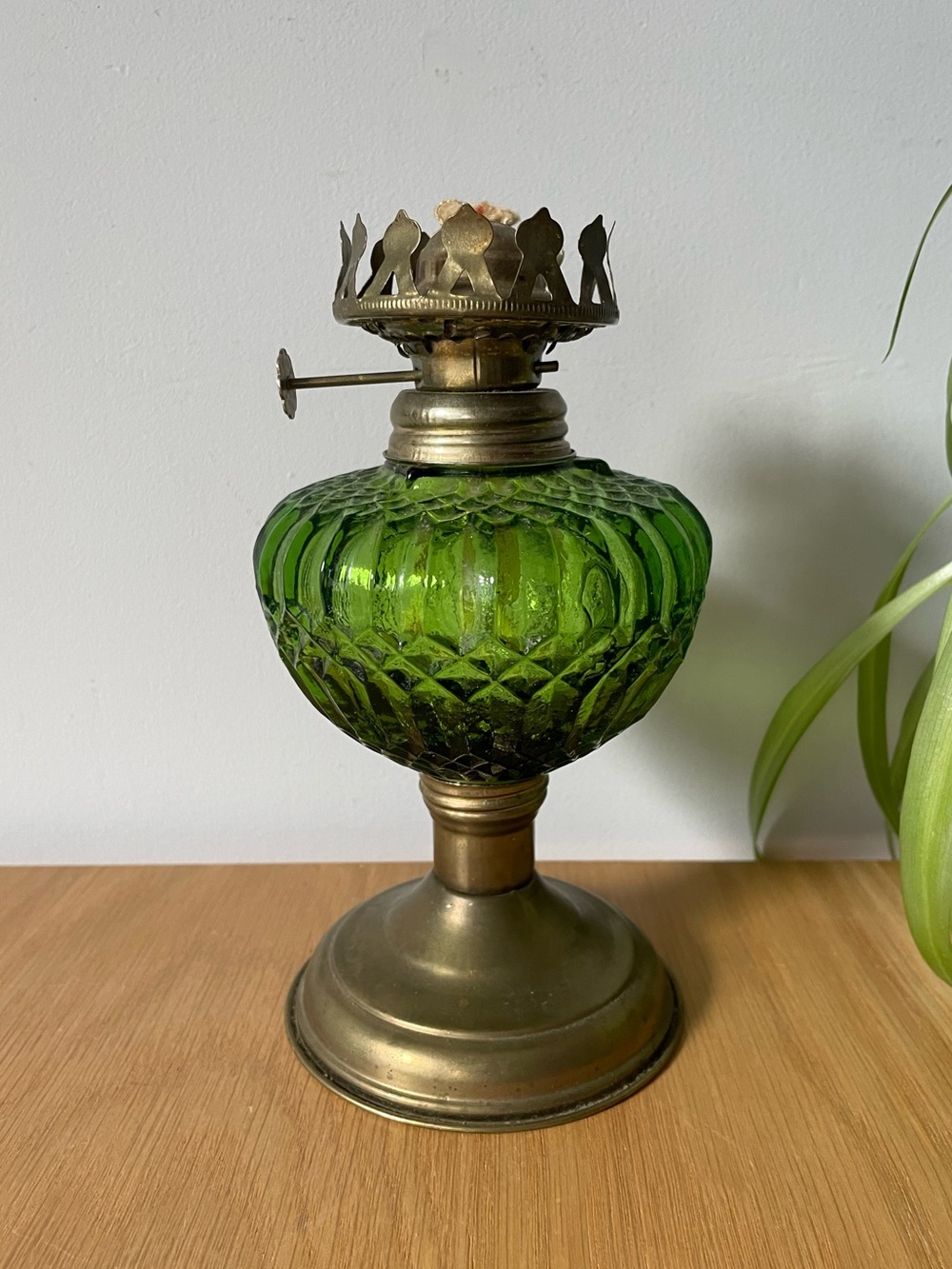 Vintage Mid-Century Green Pressed Glass Oil Lamp